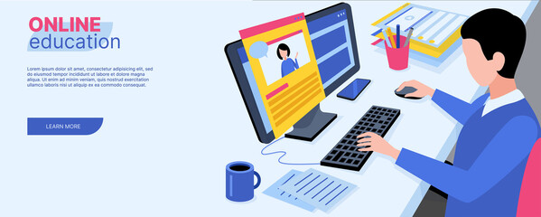 Online education concept. Online teaching of students at home. The character sits at the table, looks at the computer monitor and learns. Flat isometric vector illustration.