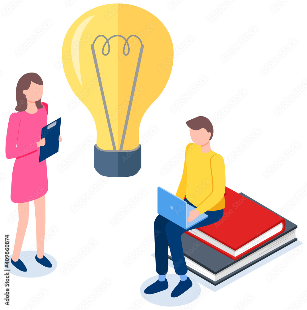Poster people work with technology and data. idea symbol in form of lamp. colleagues communicate. man worki