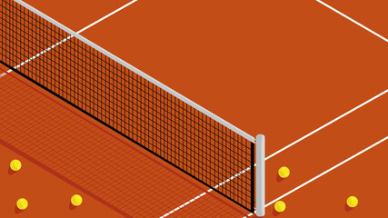 Illustration of brick red color tennis court and tennis balls around on a sunny day. With copy space.