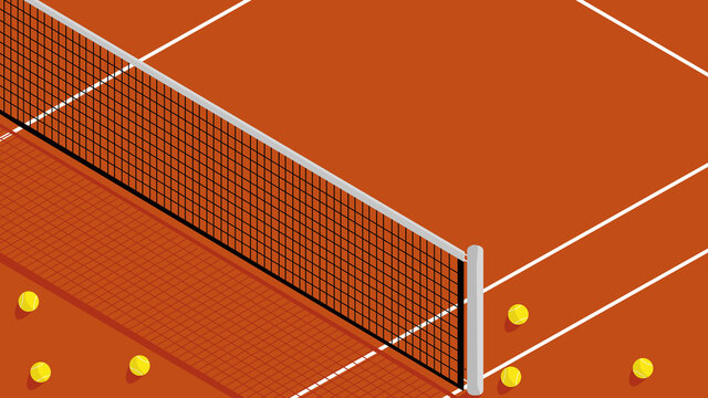 Illustration of brick red color tennis court and tennis balls around on a sunny day. With copy space. - Powered by Adobe