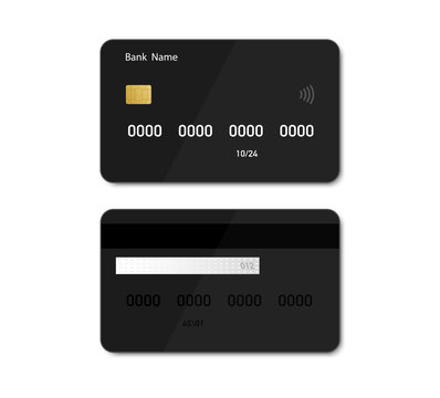 Credit debit black card mockup in flat style. Credit card template design for presentation. Flat credit card isolated on white background. Vector illustration. EPS10