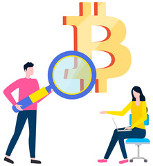 Businesspartners make deal on bitcoin smart contract bargain in laptop sitting with magnifying glass and cryptocurrency sign. Innovation financial currency operations. Crypto startup high technologies