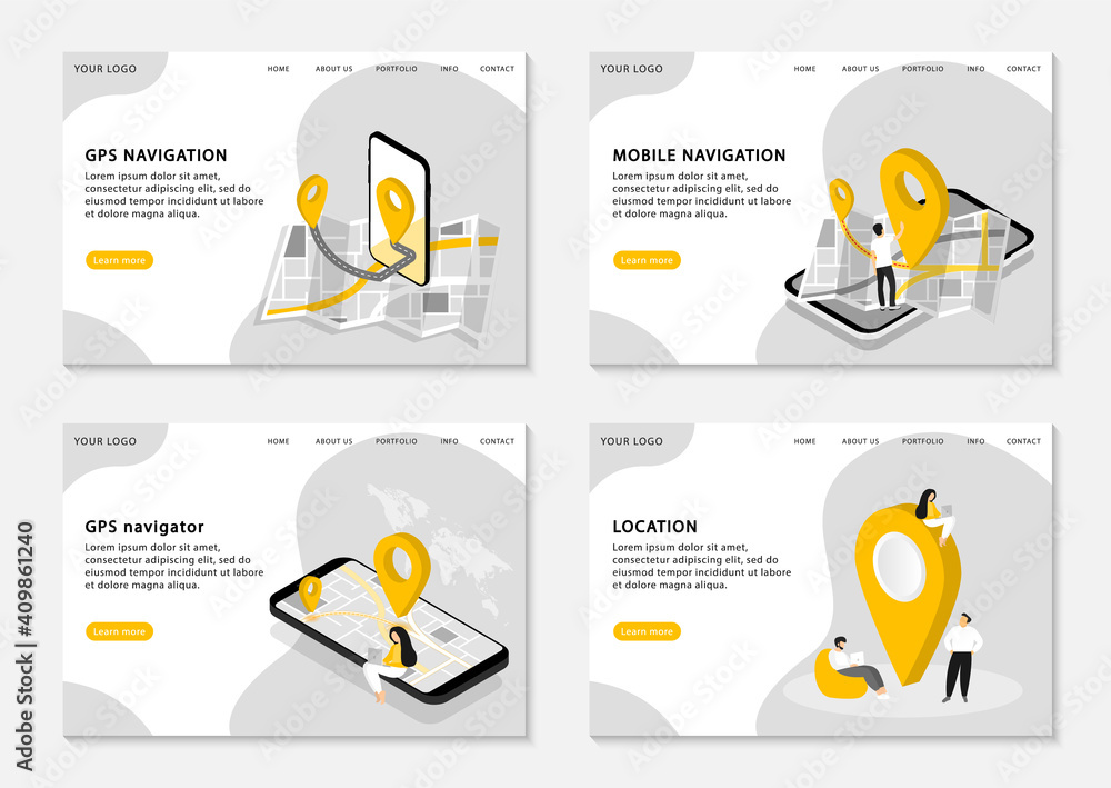 Poster gps navigation landing pages. mobile navigation, gps navigator, location. mobile application for nav
