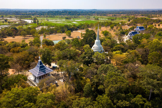 Top view from flying drone over Wat Phra phut tha bat,temple and pagoda  in Mahashanachai town, Yasothon  province,Thailand,ASIA.
