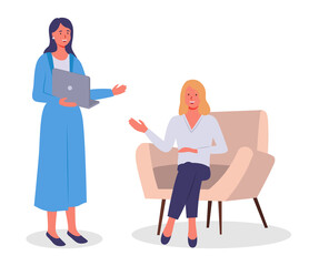 Obraz premium Businesswomen dressed in formal clothes sitting in armchair standing with computer in room and talking. Office meeting and consideration of working affairs. Office workers women in workspace