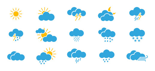 Weather icons set. Meteorology icons set blue in flat style. Meteorology outline icon such as Clouds, cloudy fog, humidity, haze, moon, storm, raining, sun, rain.Vector illustration. EPS 10