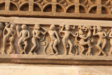 Dancing girls stone sculpture. Shamlaji temple is dedicated to Vishnu or Krishna. Aravali, Gujarat, India.