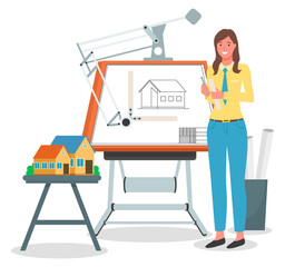 Girl architect working on project vector illustration. Hardworking smiling woman drawing new plan and holding pencil and paper sheet flat style concept. Scene with drawing equipment and house layout