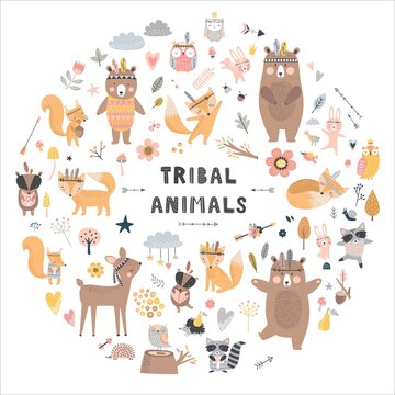 Vector set of cute animals. Forest animals illustration, bear, deer, fox, rabbit, bird, hedgehog.