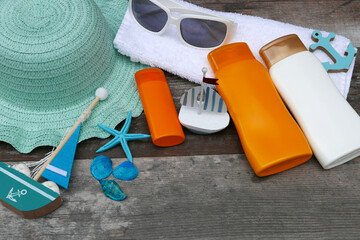 Sun protection hat sunglasses and sun block
