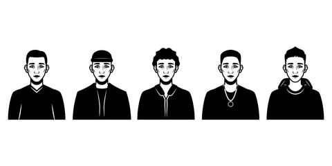 Cute male character. Set of ten black and white portraits with different hair and details. Cartoon. Vector illustration design for your project and business.