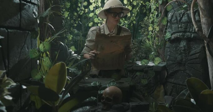 Scared explorer lost in the jungle