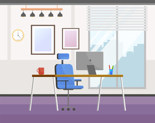 Workplace of the office worker. The table and chair are in the office. Organization of the interior of the room for freelance work. Design and layout of the arrangement of furniture and appliances
