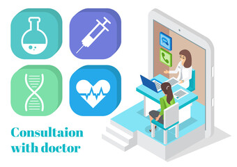 Isometric tablet. Online consultation doctor with patient woman. Medical app, virtual help at distance. Communicating with doctor through videocall. Flask, syringe, dna, heart icons. Online medicine