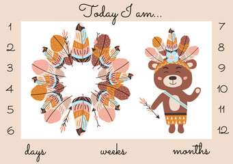 Custom baby monthly milestone  blanket background with bear in boho style. Vector illustration