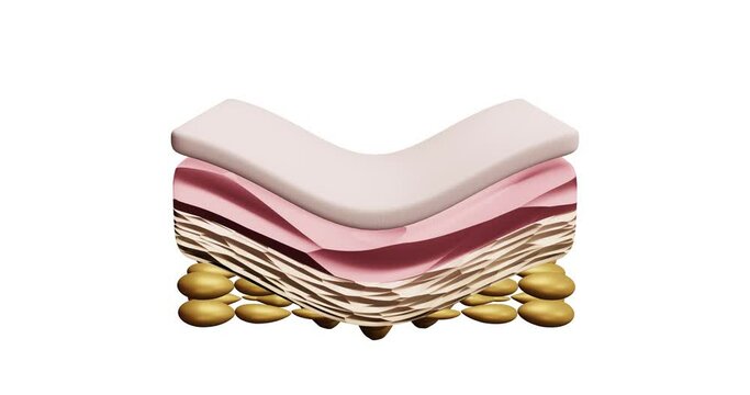 3d rendering of the anatomy of the skin layers front view Drops of cream, serum, and collagen substances fall on the skin, into the deep layers of the skin The skin is tightened, removing the smoothin