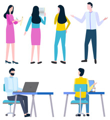 Obraz premium Office workers, men and women isolated characters, vector. Desk or workplace with laptop or computer and coffee, girl taking notes, office paperwork