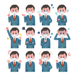 マスクをつけた男子高校生のイラスト素材セット