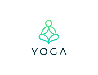 Abstract Yoga Logo. Modern linear vector icon. Fitness room, Yoga center, spa facilities, lotus flower, health, spa, meditation, harmony sumbol. Man in lotus pose icon.
