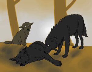 Digital illustration of an adult black wolf and a puppy crying over a dead wolf