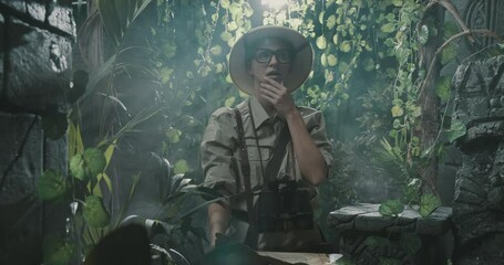 Scared explorer lost in the jungle