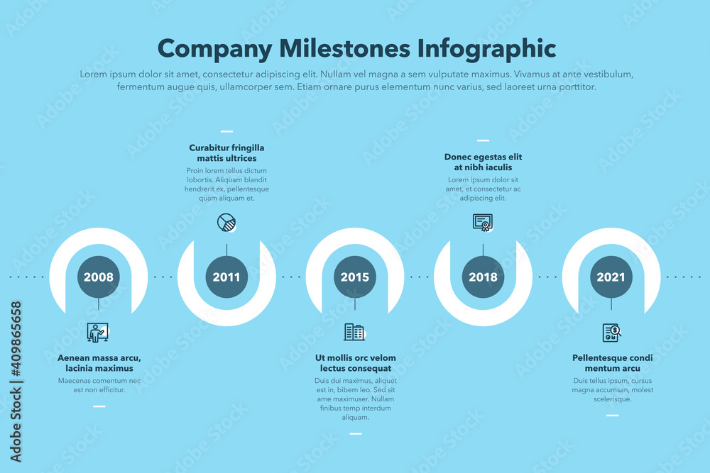 Poster modern company milestones timeline template - blue version. easy to use for your website or presenta