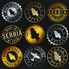 Serbia Map Metal Stamps. Gold Made In Product Seal. National Logo Icon. Symbol Design Insignia Country.