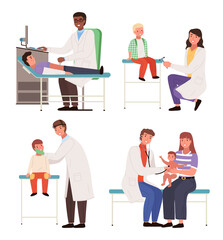 Set of illustrations on the topic of treating sick children. Doctor works with patients. Physician helps treat people. Cartoon characters in hospital consultation. Mom holds a son during examination