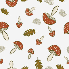 Seamless vector pattern with mushrooms and plants for decoration, textile, stationery, fabric