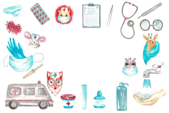 Medical banner background for your test. Little doctor clipart Cartoon character