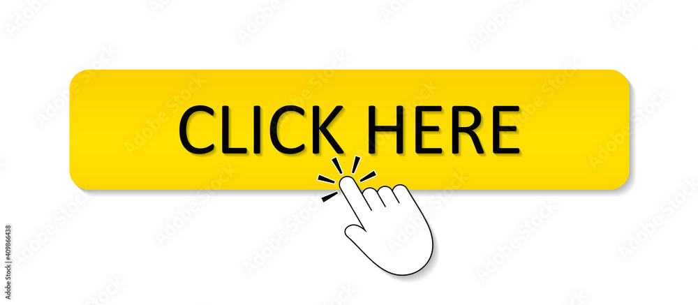 Poster click here button. icon with click here and hand. choice for buy and register on website. orange but