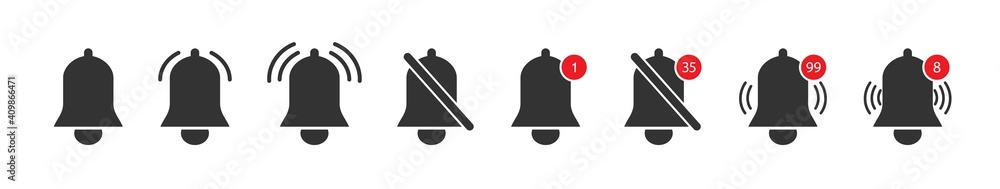 Poster Icon of bell of notification. Alert of notice in app. Logo of alarm for subscription in social media. Symbol of ui for reminder and new message. Button for phone application, web interface. Vector