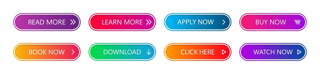 Button for web, ui. Call of action with design buttons. Gradient Icons for read more, download now, website shop. Modern material elements for internet links. Menu for app, graphic navigation. Vector