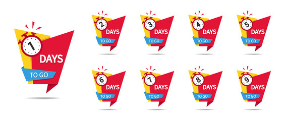 Countdown of days sale. Days to go 1, 2, 3, 4, 5. Day last left of special promotion. Banner with clock for announcement. Icons of count time down. Design flyer and poster for shopping. Vector