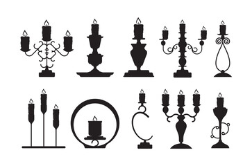 Candlestick silhouettes. Black shapes of candelabrum with burning flame vector candle holders set. Candlestick and candle holder illustration