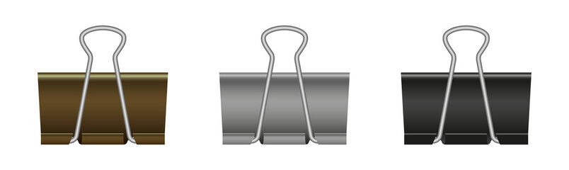 Paper binder clip. Black metal clamp for office and school. Paperclips isolated on white background. Realistic clothespin for document. Stationery for business. Vector