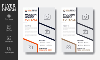 Fototapeta na wymiar Modern Orange and Ocher Real Estate Property Business Flyer Design | Editable Eps Format in A4 Size with Bleed