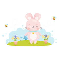 Cute cartoon Easter bunny watering flowers from a watering can. Vector illustration.