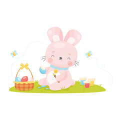 Cute cartoon Easter bunny painting eggs. Vector illustration.