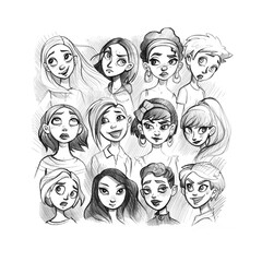 Sketchbook. Set of young and different girls avatars drawn by hand with pen isolated on white background