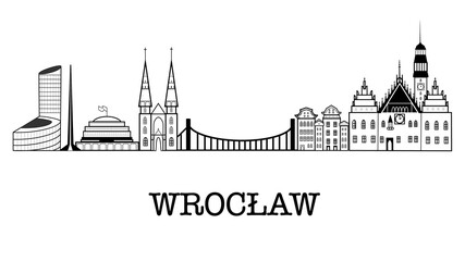 Wroclaw skyline and landmarks silhouette, black and white design, vector illustration.