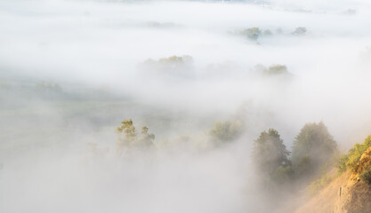 Thick morning fog lying in the valley