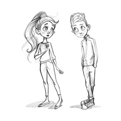 Pen sketch on white background. Hand drawn sketchbook illustration. An emotional story in one picture