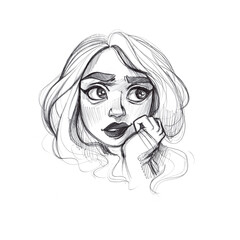 Hand-drawn portrait of a young beauty. Unique handcrafted image on white background