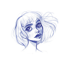 An avatar in a sketch of a young girl with short hair. Handwork