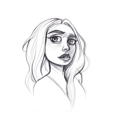 Hand-drawn portrait of a young beauty. Unique handcrafted image on white background