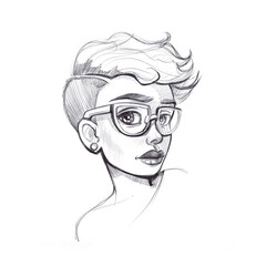 Beautiful young girl with glasses. Hand drawn pencil sketch