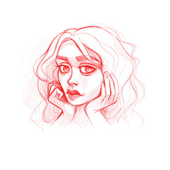 Hand-drawn portrait of a young beauty. Unique handcrafted image on white background