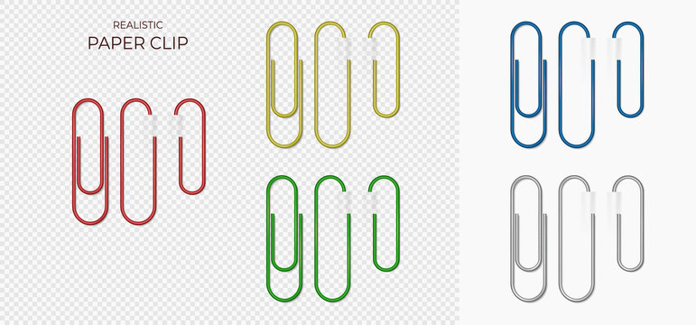 Set of colourful Plastic and metal paper clips on transparent background isolated and attached to paper.