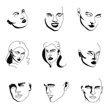Elegant faces silhouette collections. One line drawing faces and hairstyles. Fashion concept, male and female beauty minimalist. Aesthetic art. Avant garde style illustrations